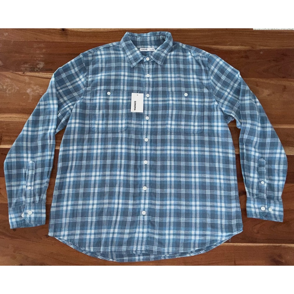 Sonoma Goods For Life Mens XL Supersoft Flannel Blue Plaid Shirt MS43W120RR1